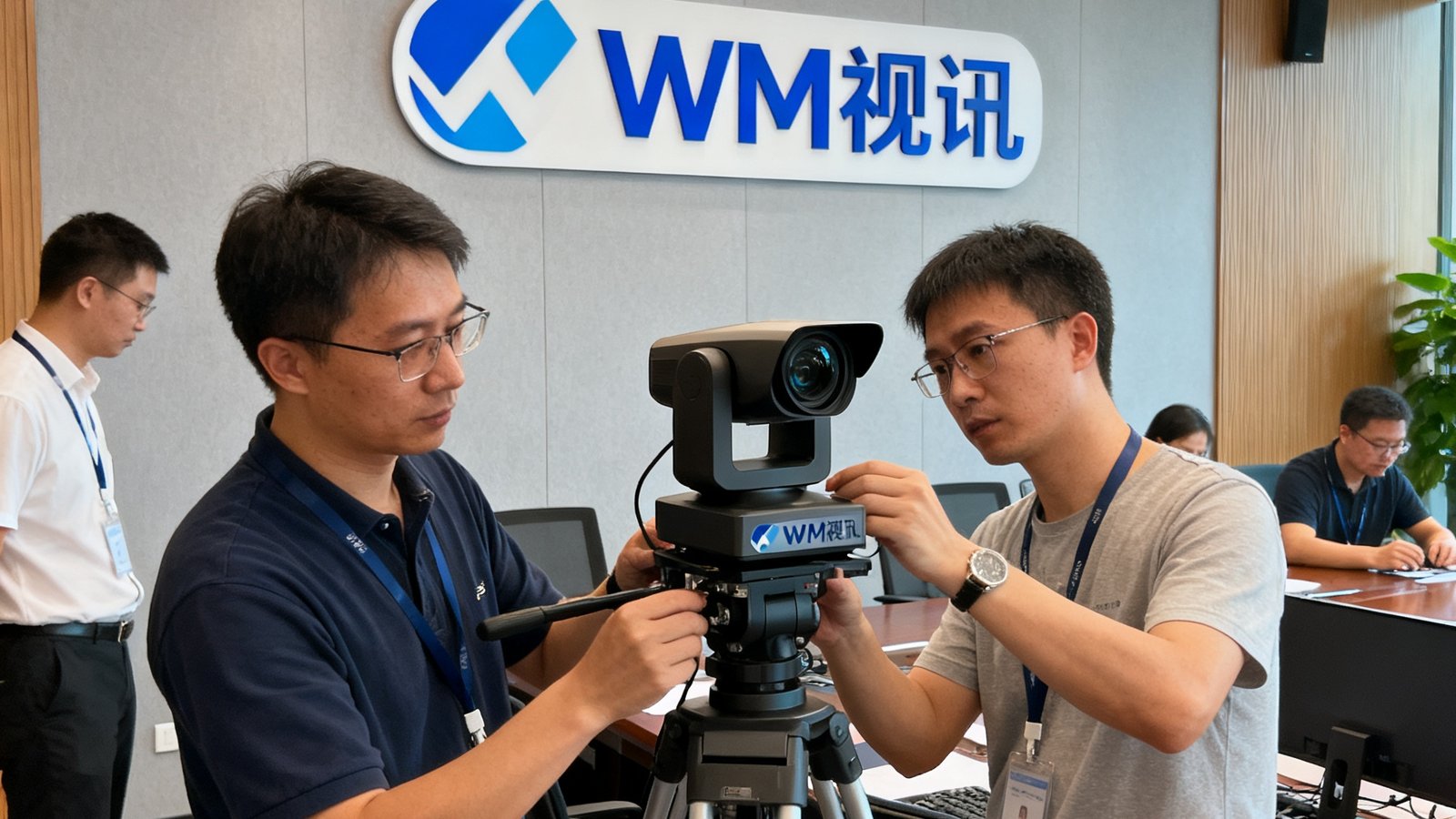 某金融集团总部大楼内IT团队正在部署WM视讯会议室终端的实景照片，技术人员调试4K摄像头角度，会议室背景墙上挂有WM视讯品牌标识