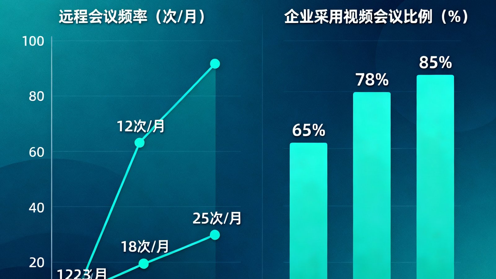 一张信息图表展示2025年混合办公趋势数据，包含远程会议频率增长曲线和企业采用视频会议比例统计