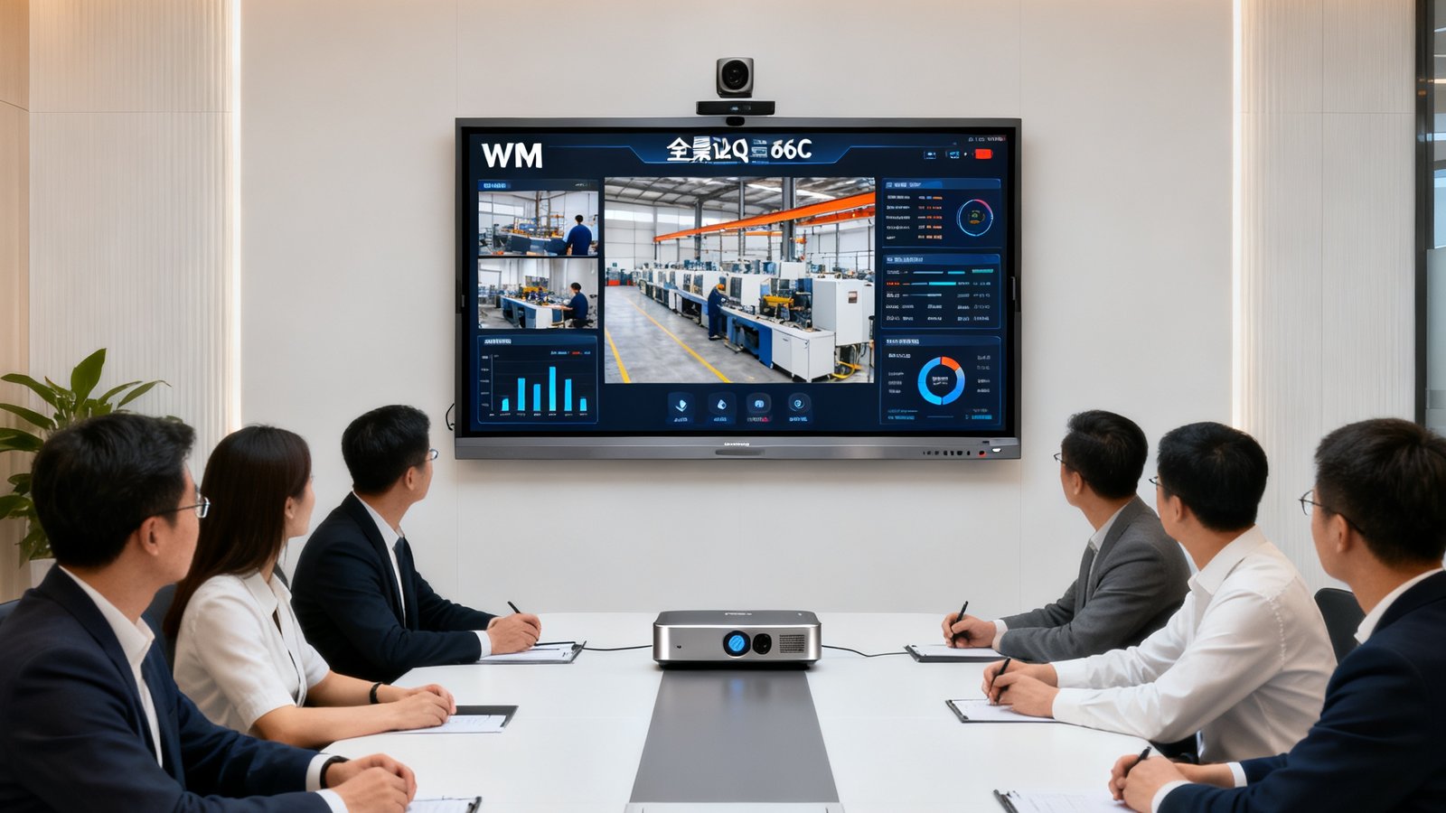 某大型制造企业总部会议室实景，安装了WM视讯全景4K会议终端和86英寸触控大屏，几位管理者正在进行远程生产调度会议