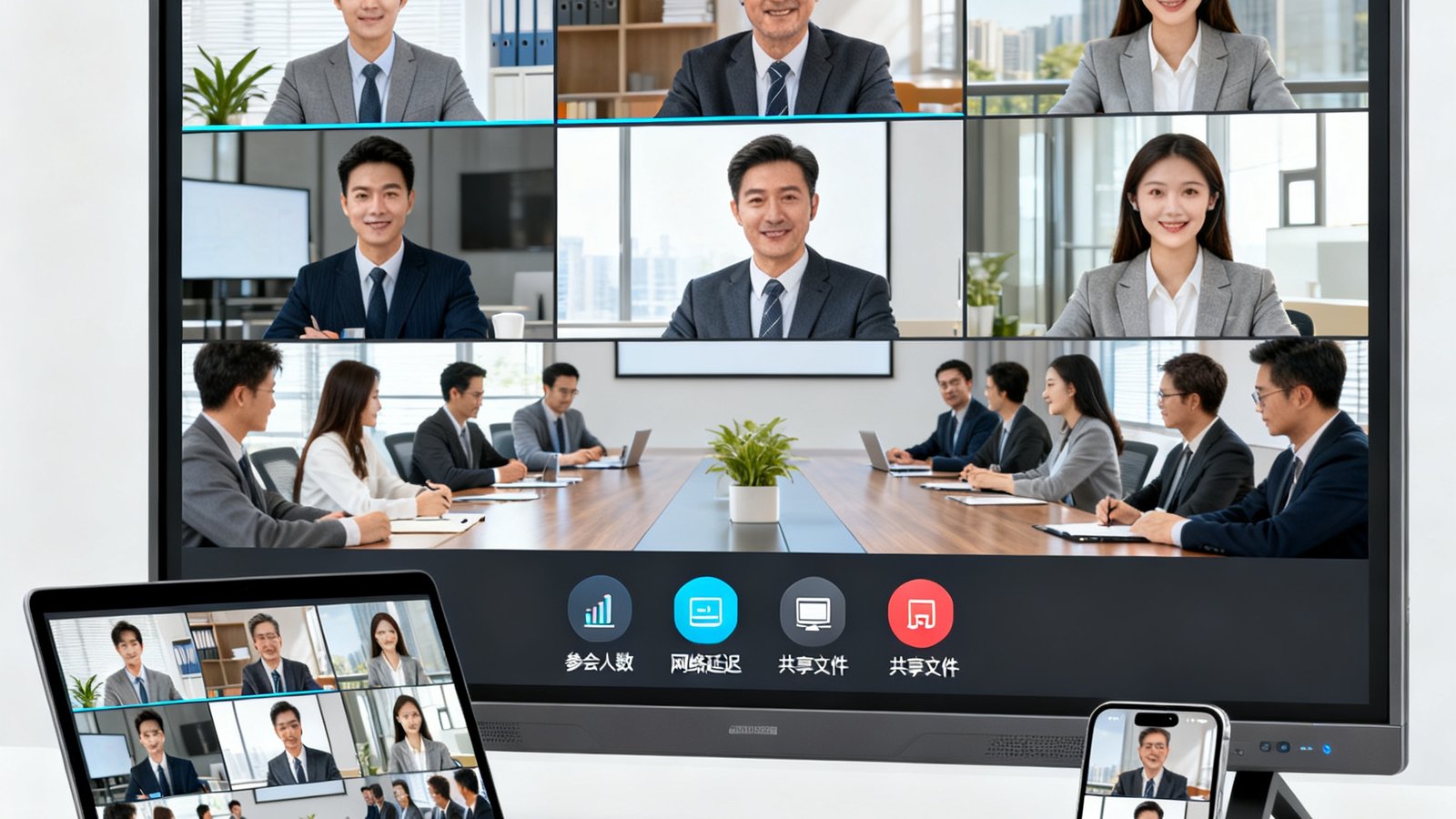 WM视讯4K超高清视频会议系统实际运行界面展示，多方参会者通过会议室大屏、笔记本电脑和手机同时进行高清视频通话，画面清晰流畅，下方显示会议数据协同面板